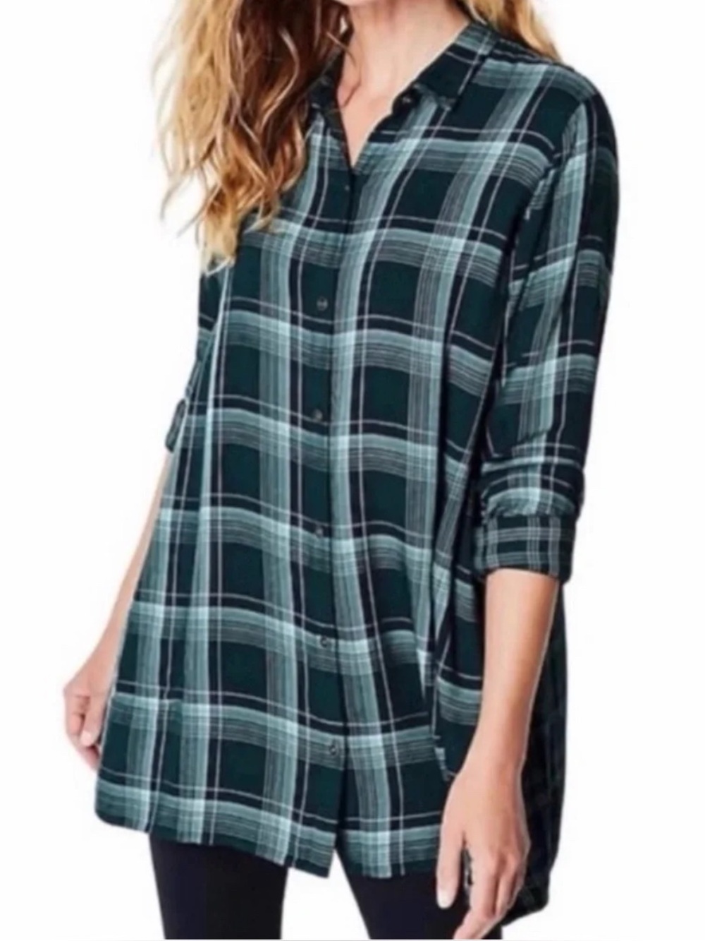 J. Jill XLT Green Mixed Plaid Double Cloth Tunic Button Up Shirt Pockets Tall